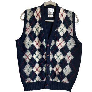 Fine Design Med Scotland Sweater Vest Navy Blue Argyle Shetland Wool Preppy